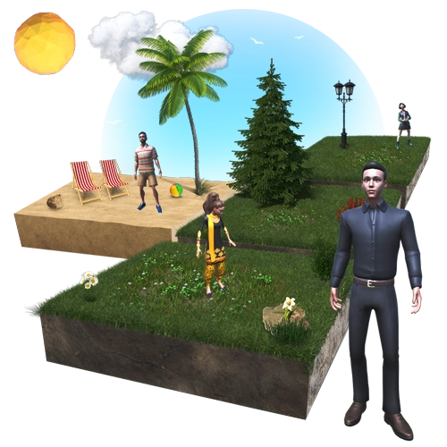 The image is a screenshot from the game, looks like a minecraft game with characters a clearing with grass and palm trees