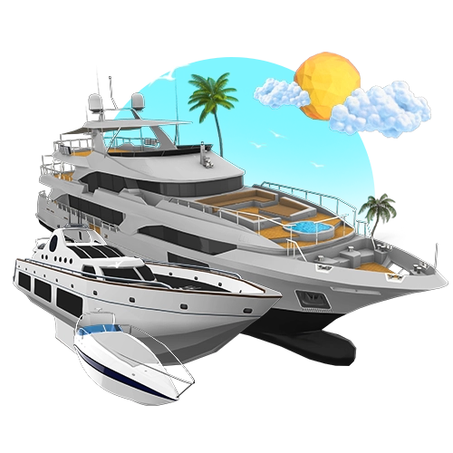 There are two yachts, sun and palm trees in the image