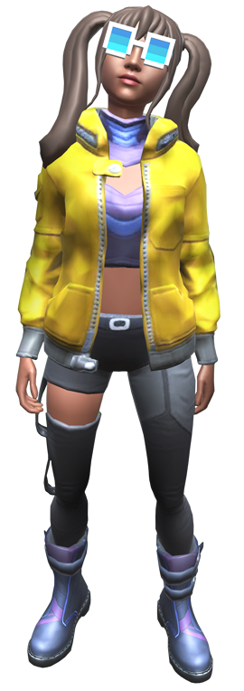 The picture shows the game character, a standing girl wearing a yellow jacket and shorts